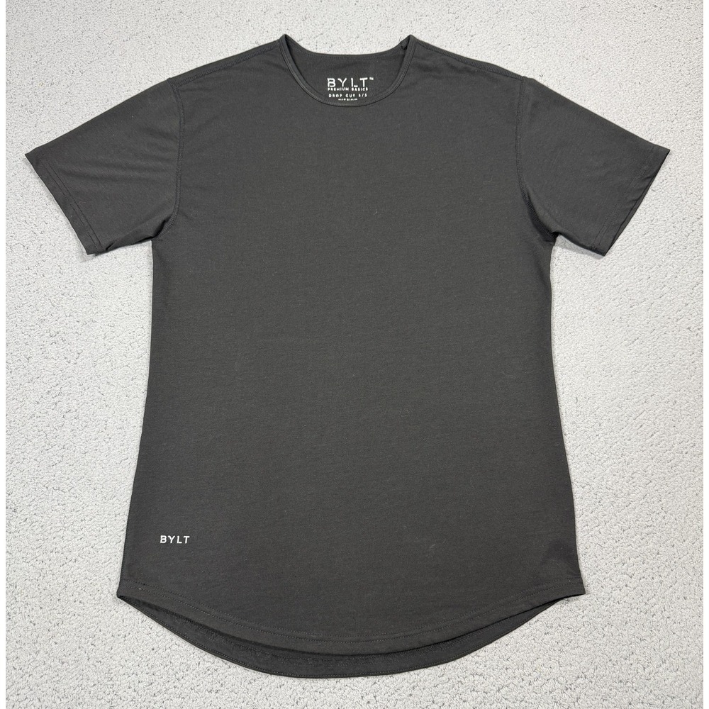 BYLT Drop Cut Shirt Mens Small Black Short Sleeve Curved Hem Stretch Tagless Tee